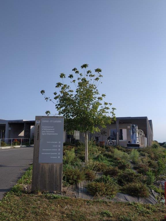 Entrée de l’EHPAD Ty Laouen : panneau d’accueil devant le bâtiment et ses espaces plantés