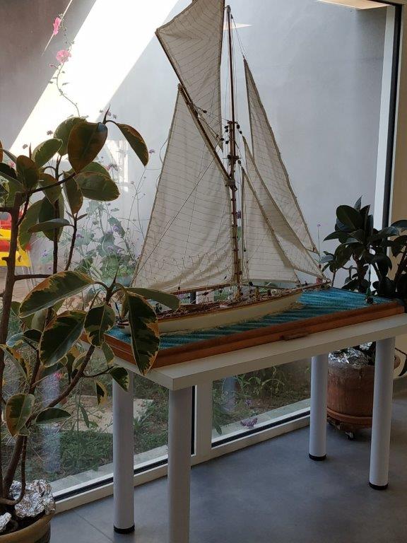 Maquette de voilier exposée devant une baie vitrée, entourée de plantes